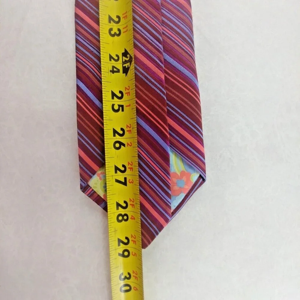 Ted Baker London Mens 100% Silk Tie Diagonal Striping Red Multicolor Floral Back